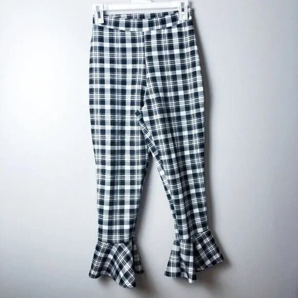 Boohoo Flare High Waist Plaid Stretchy Pants Black White Womens 4 Lightweight - Picture 3 of 4